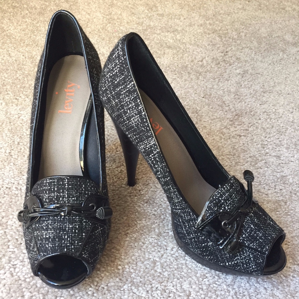 Levity Peep Toe Black Tweed Heels